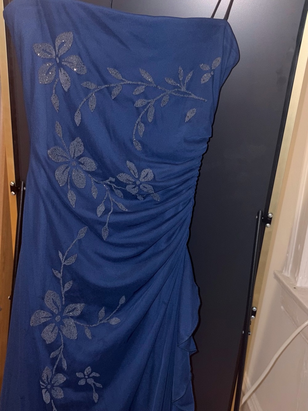 Mariposa Strapless Navy Blue Floral-Appliqué Dress